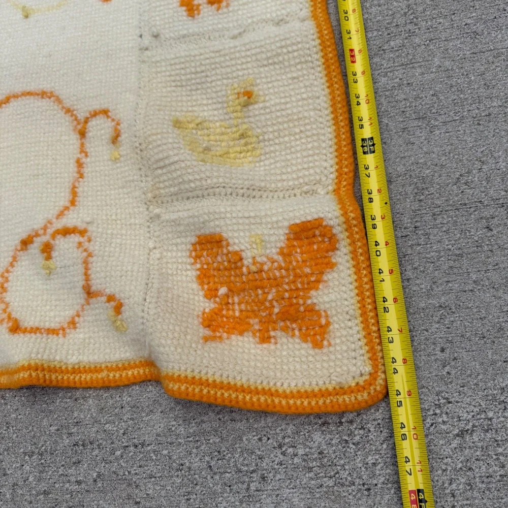 Handmade Vintage Baby Blanket White Orange Yellow Animal Duck Dog Crochet Afghan